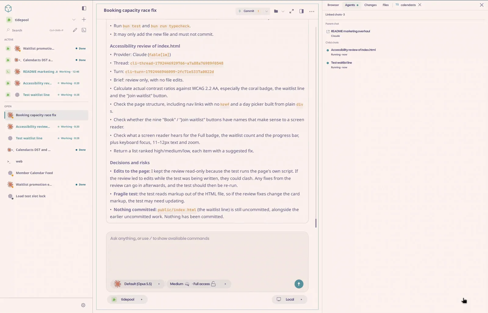 Agents that delegate: A chat hands subtasks to helper agents and tracks them live.